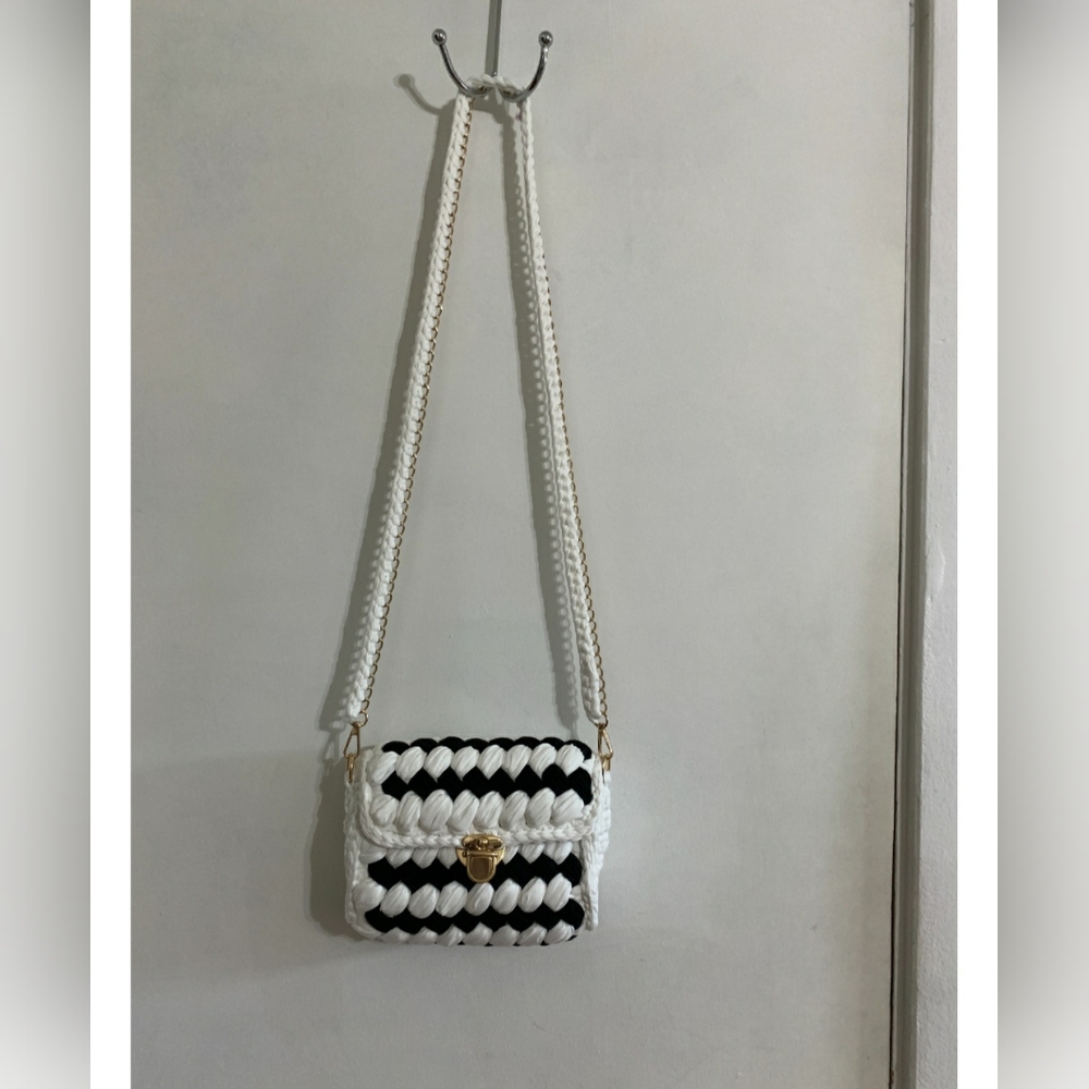 Striped Purse crocheted in black and white with gold accents